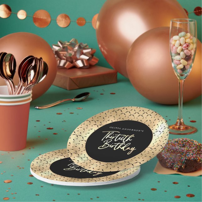 Black White and Gold Script 30th Birthday Party Paper Plate (Multi)