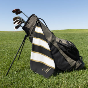 Black white and gold stripes pattern golf towel
