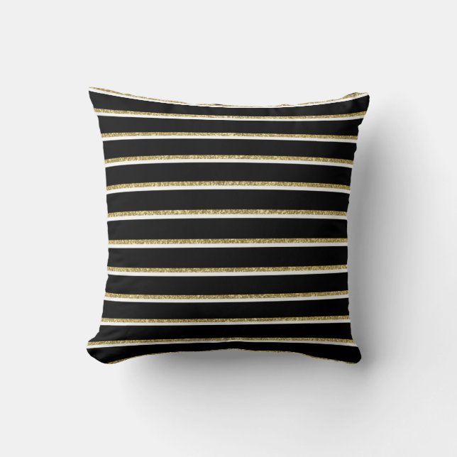 Black, White and Gold Stripes Pillow (Front)