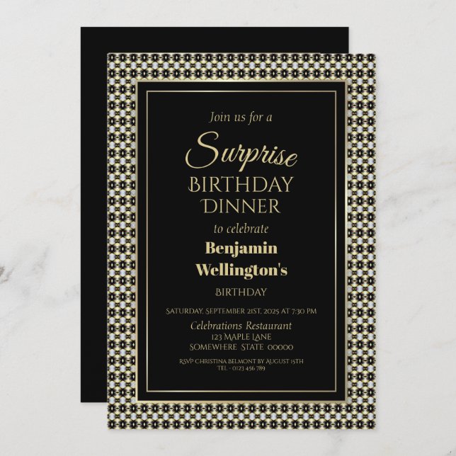 Black White and Gold Surprise Birthday Dinner Invitation (Front/Back)