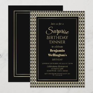 Black White and Gold Surprise Birthday Dinner Invitation