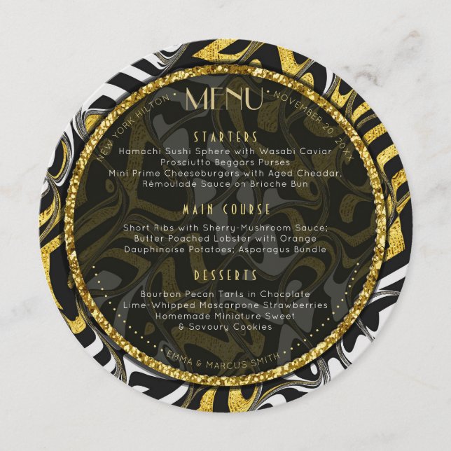 Black White and Gold Wedding Round Menu Card (Front)