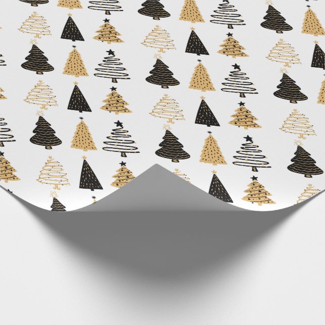 Black, White and Gold Whimsical Christmas Trees Wrapping Paper (Corner)