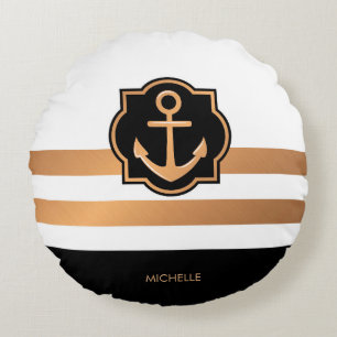 Black White and Golden Stripes Round Cushion