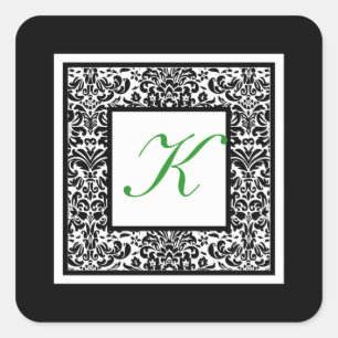 Black, White, and Green Damask Monogram Sticker