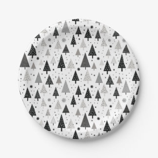Black, White and Grey Christmas Tree Pattern Paper Plate