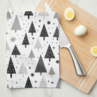 Black, White and Grey Christmas Tree Pattern Tea Towel