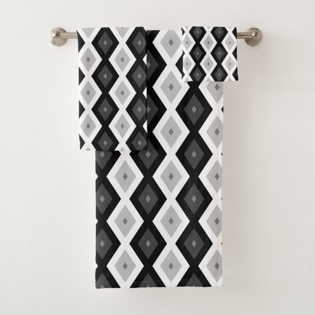 Black, white and grey diamond pattern bath towel set (Insitu)