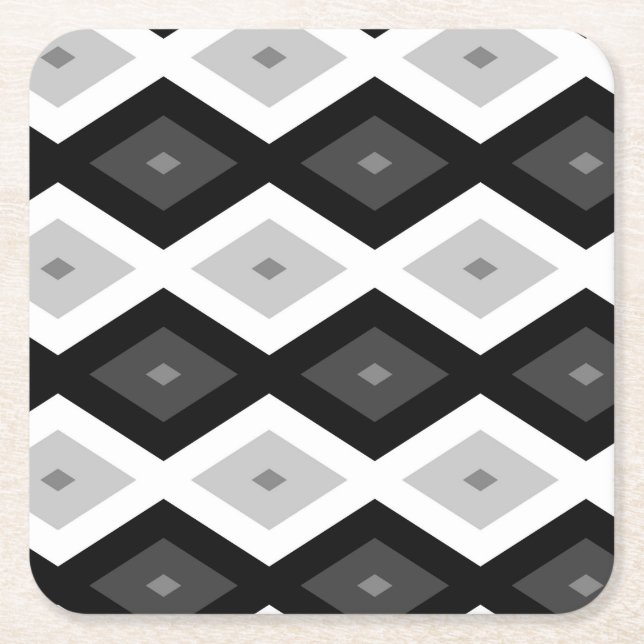 Black, white and grey diamond pattern square paper coaster (Front)
