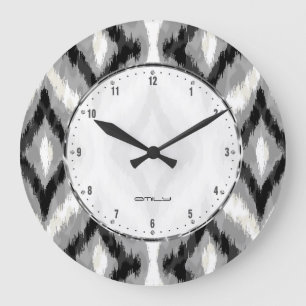 Black White And Grey Ikat Geometric Pattern Large Clock