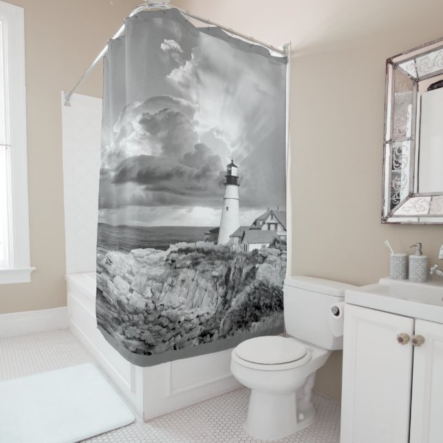 Black, White and Grey Lighthouse showing beautiful Shower Curtain (In Situ)