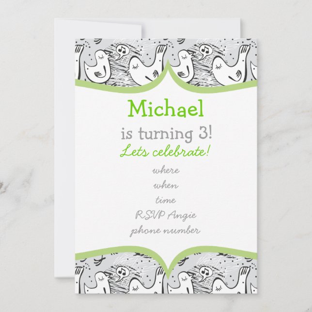black, white and grey singing birds with frame invitation (Front)