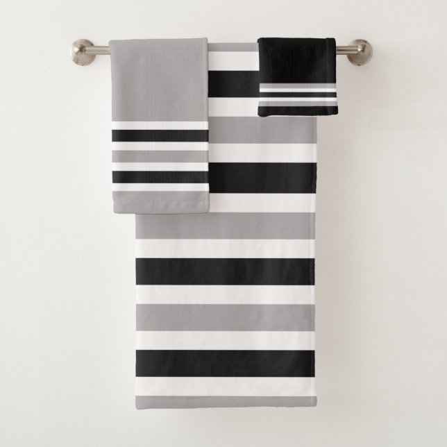 Black, White and Grey Striped Alternating Pattern  Bath Towel Set (Insitu)