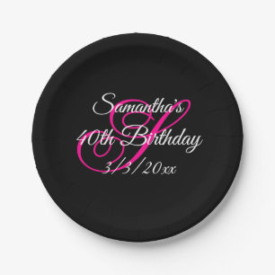 Black White and Hot Pink Fancy Monogram Birthday Paper Plate