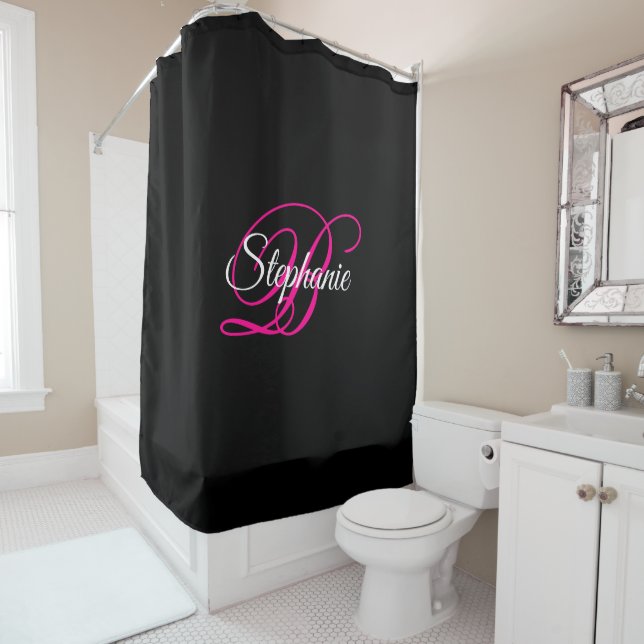 Black White and Hot Pink Fancy Monogram Shower Curtain (In Situ)