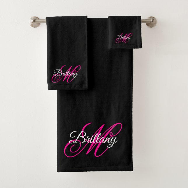 Black White and Hot Pink Fancy Script Monogram Bath Towel Set (Insitu)
