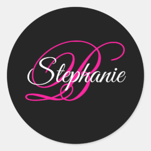 Black White and Hot Pink Fancy Script Monogram Classic Round Sticker