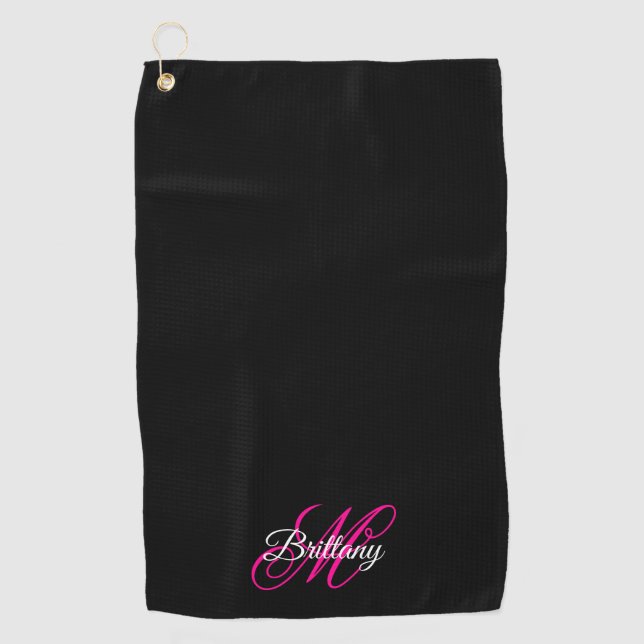 Black White and Hot Pink Fancy Script Monogrammed Golf Towel (Front)
