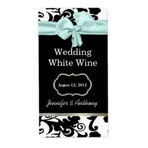 Black, White, and Mint Damask Wedding Wine Labels