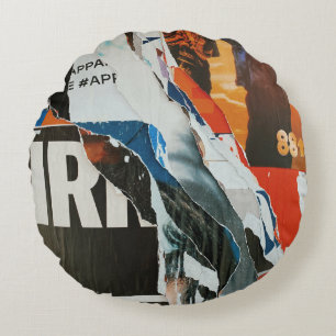 Black white and orange abstract painting round cushion