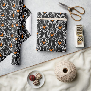 Black White and Orange Damask Halloween Bats Wrapping Paper