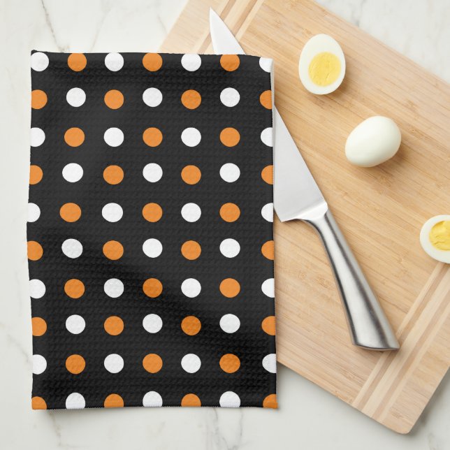 Black White and Orange Polka Dot Kitchen Towels (Quarter Fold)