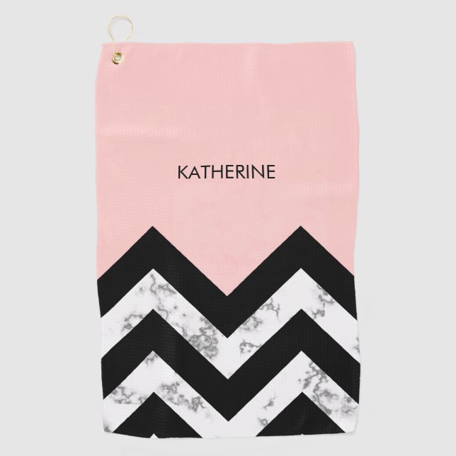 Black White and Pink Chevrons Golf Towel (Front)