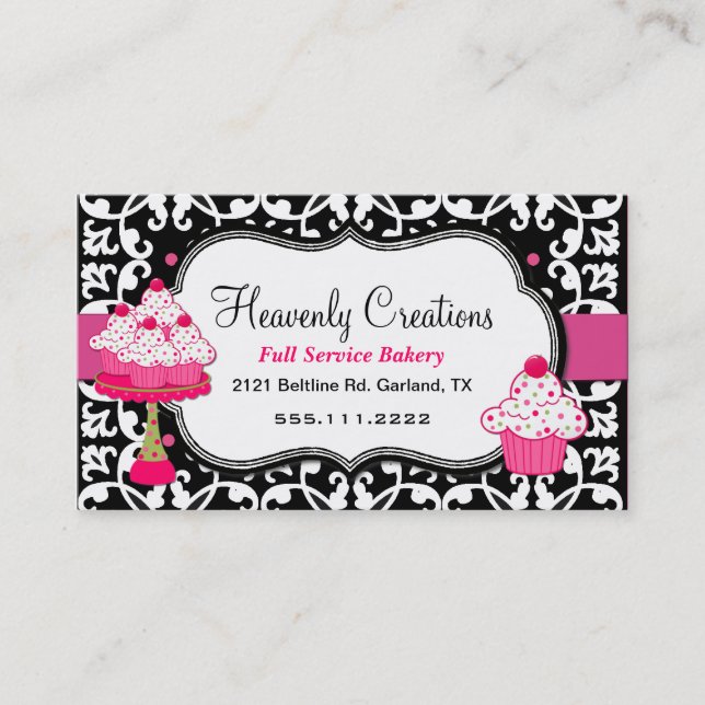 Black, White, and Pink Damask Bakery Business Card (Front)