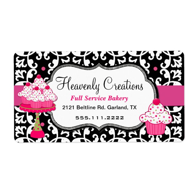 Black, White, and Pink Damask Bakery Label (Front)