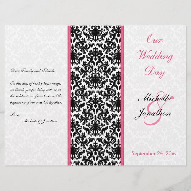 Black, White, and Pink Damask Wedding Program (Front)