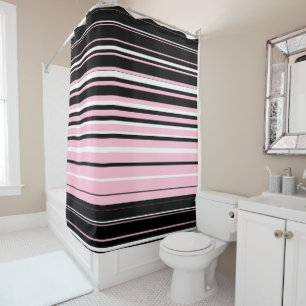 Black, White and Pink Horizontal Line Shower Curtain
