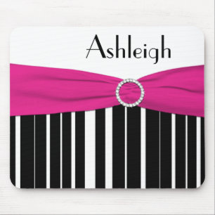 Black, White, and Pink Striped Mousepad with Name