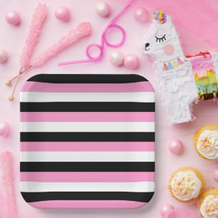 Black, White and Pink Stripes  Paper Plate