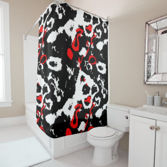 Black white and Red Abstract Shower Curtain (In Situ)