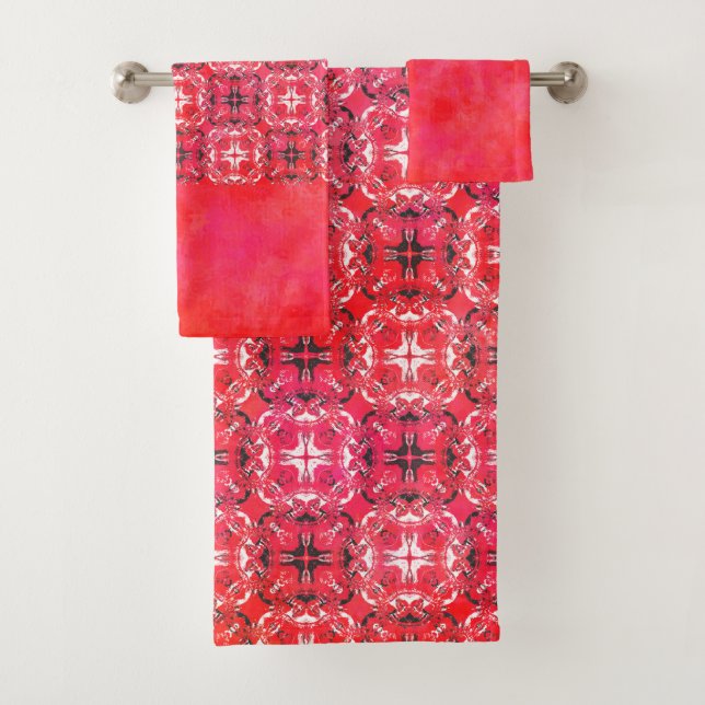 Black, White, and Red Chequered Pattern Bath Towel Set (Insitu)