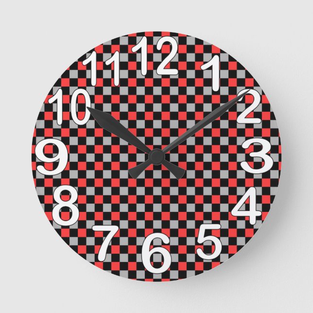 Black white and red chequered round clock (Front)