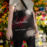 Black White and Red Fancy Monogram Maid of Honour Tote Bag<br><div class="desc">A girly personalised monogram with a fancy calligraphy script pairing in red and white against a solid colour black background. Create your own pretty all over print tote bags as a thank you gifts for your maid of honour and bridesmaids. Customise the font colours to match your wedding palette. The...</div>