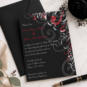 Black, White and Red Flourish Swirls Wedding Invitation