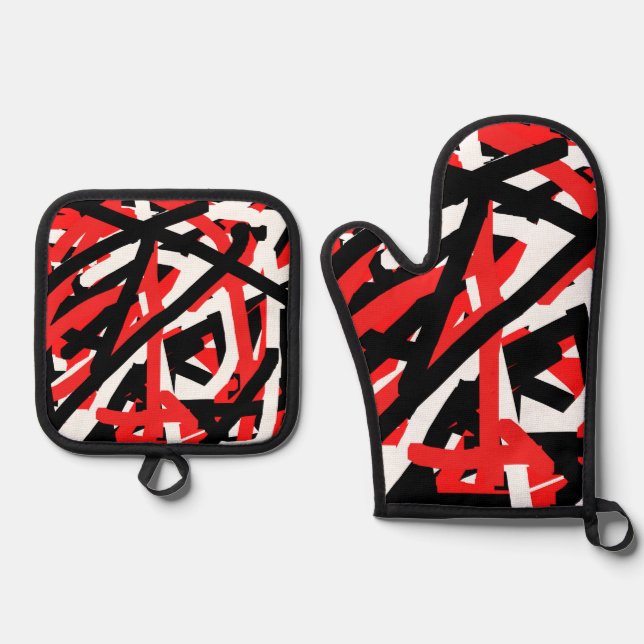 Black, White and Red Graffiti  Oven Mitt & Pot Holder Set (Front)