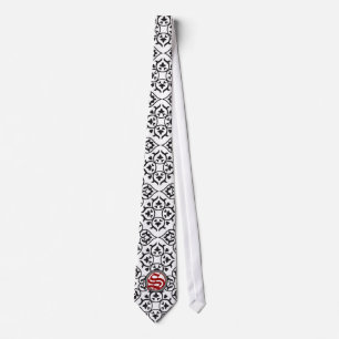 Black White and Red Heart Damask Tie