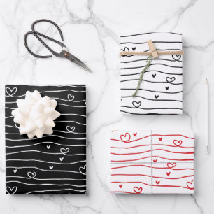 Black, White And Red Love Heart Pattern Valentines Wrapping Paper Sheet