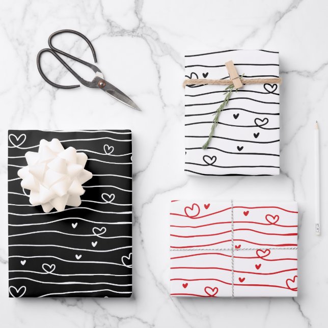 Black, White And Red Love Heart Pattern Valentines Wrapping Paper Sheet (Front)