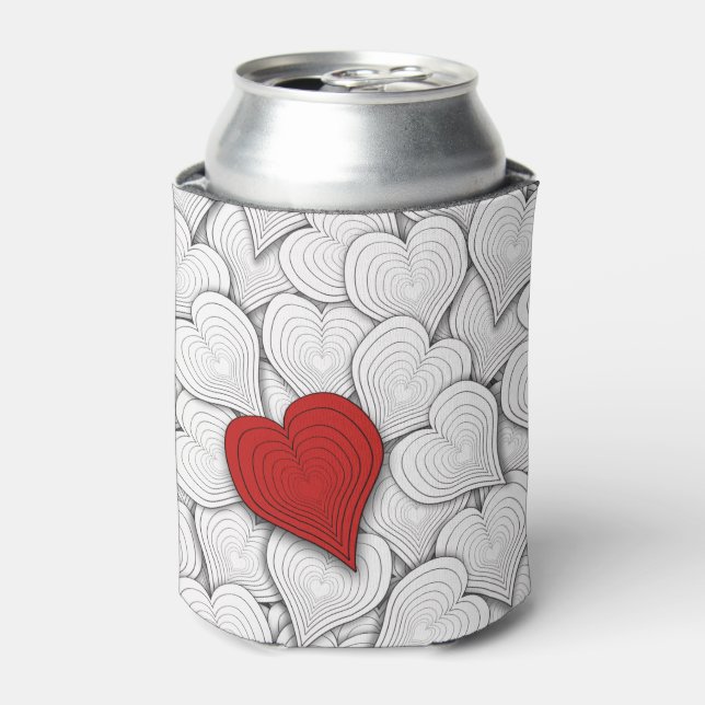 Black White and Red Onion Hearts Pattern Can Cooler (Can Front)