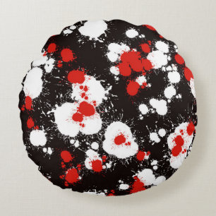 Black, White and Red Paint Splatter Round Cushion