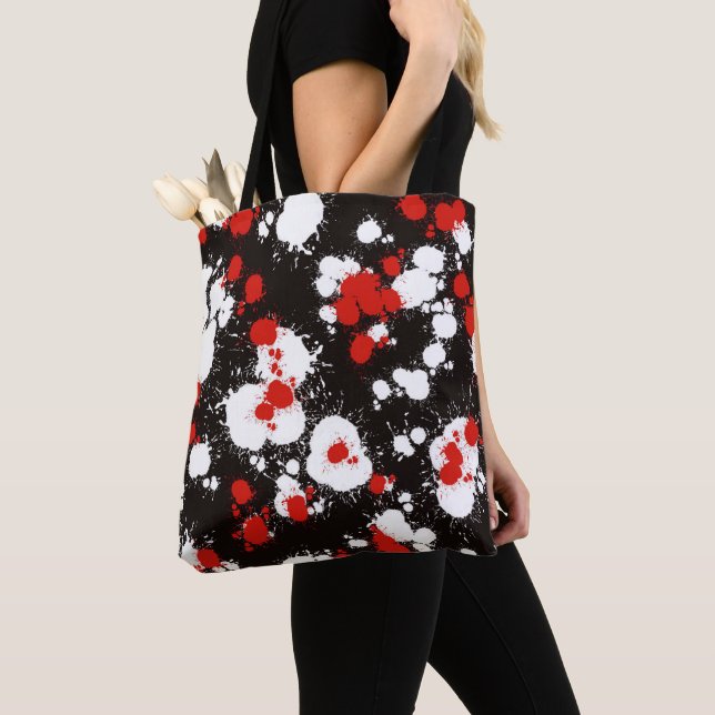 Black, White and Red Paint Splatter Tote Bag (Close Up)