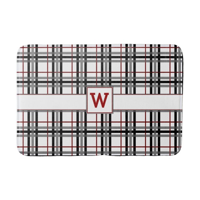 Black White and Red Plaid Bath Mat (Front)