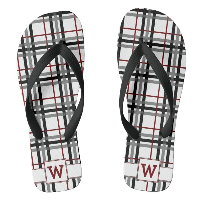 Black White and Red Plaid Flip Flops (Footbed)