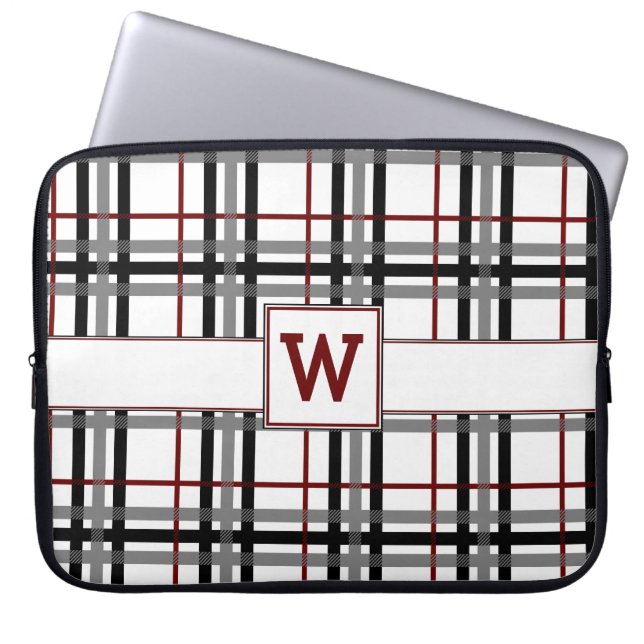 Black White and Red Plaid Laptop Sleeve (Front)