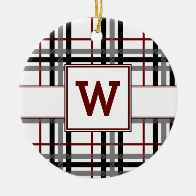 Black White and Red Plaid Ornament (Front)