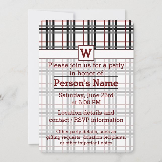 Black White and Red Plaid Party Invitation (Front)